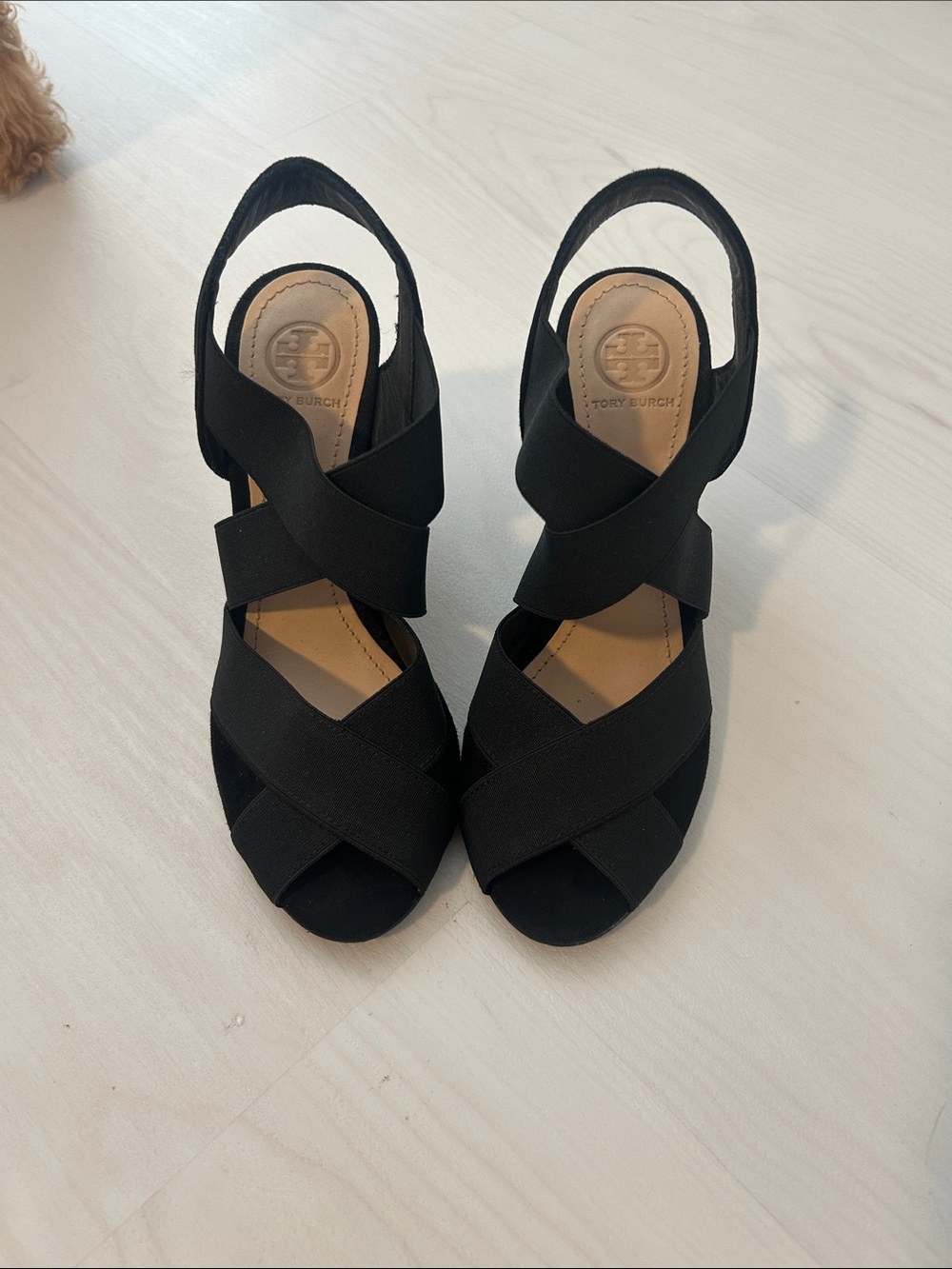 Tory Burch Black Crisscross Elastic Slingback Wedges